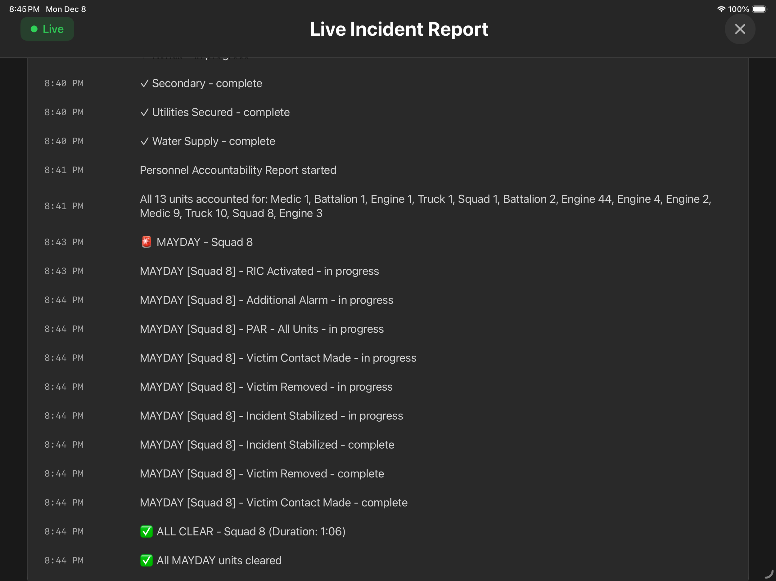 A live incident report listing benchmarks, PAR results, and MAYDAY actions with timestamps