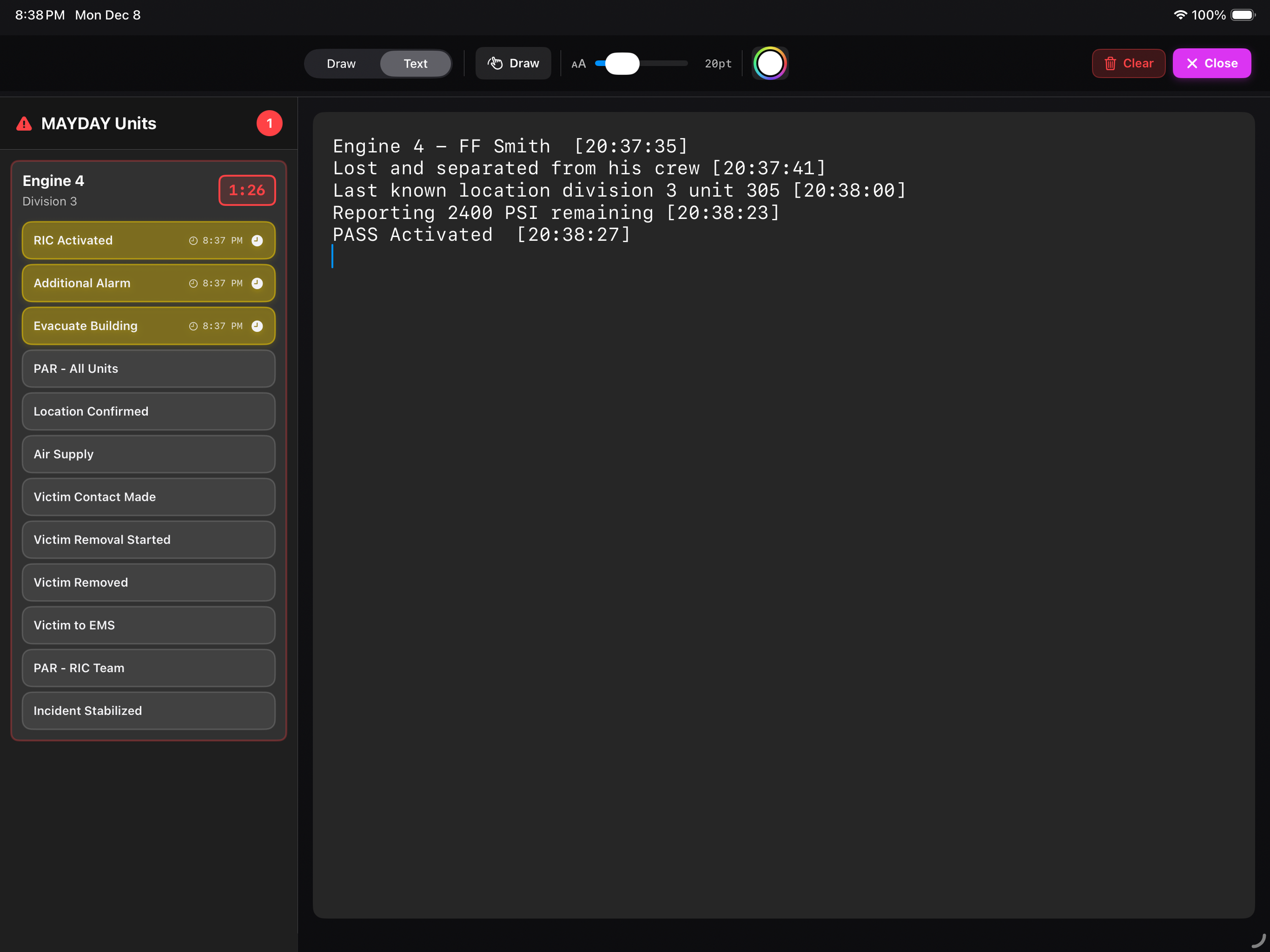 The MAYDAY panel tracking Engine 4 with a rescue checklist and timestamped notes