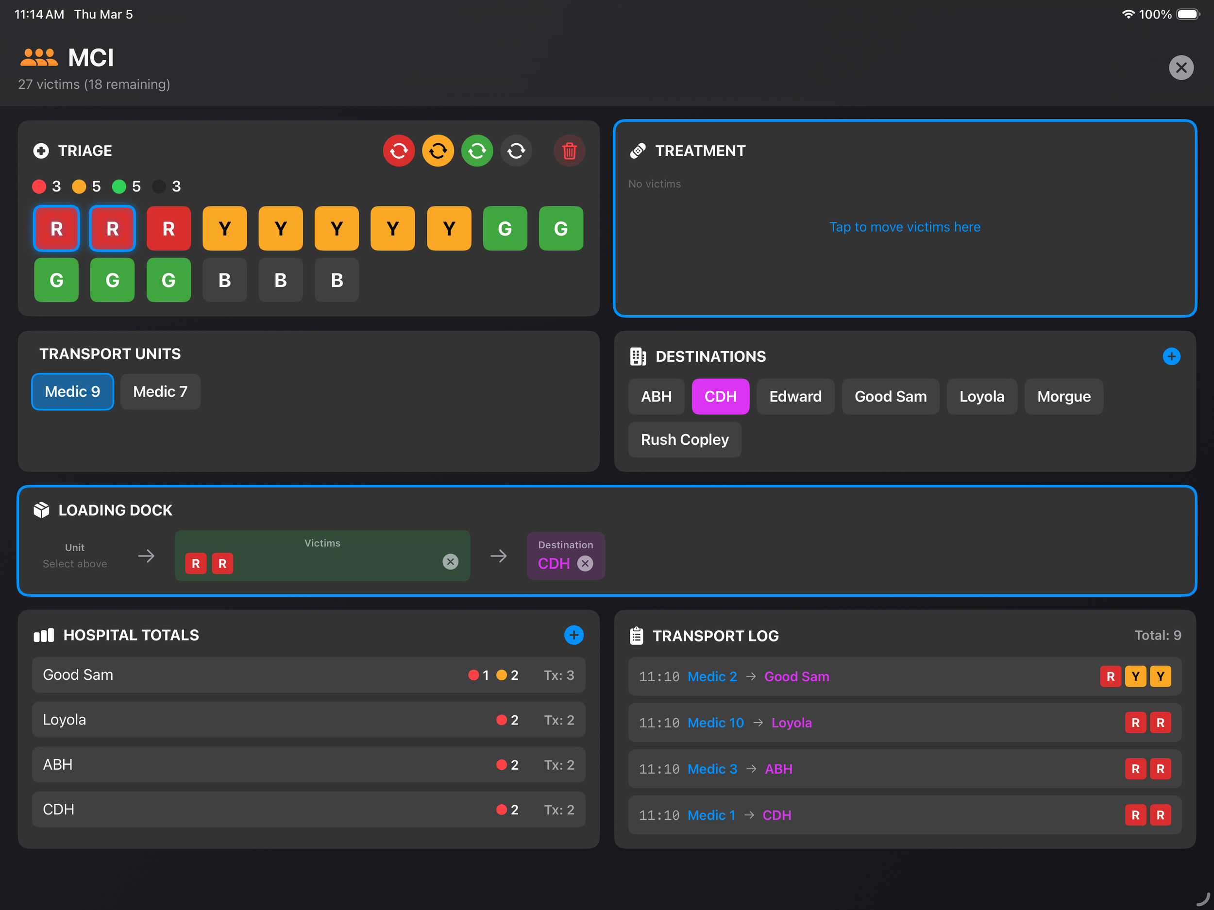 The MCI module showing triage counts, transport units, destinations, hospital totals, and a transport log