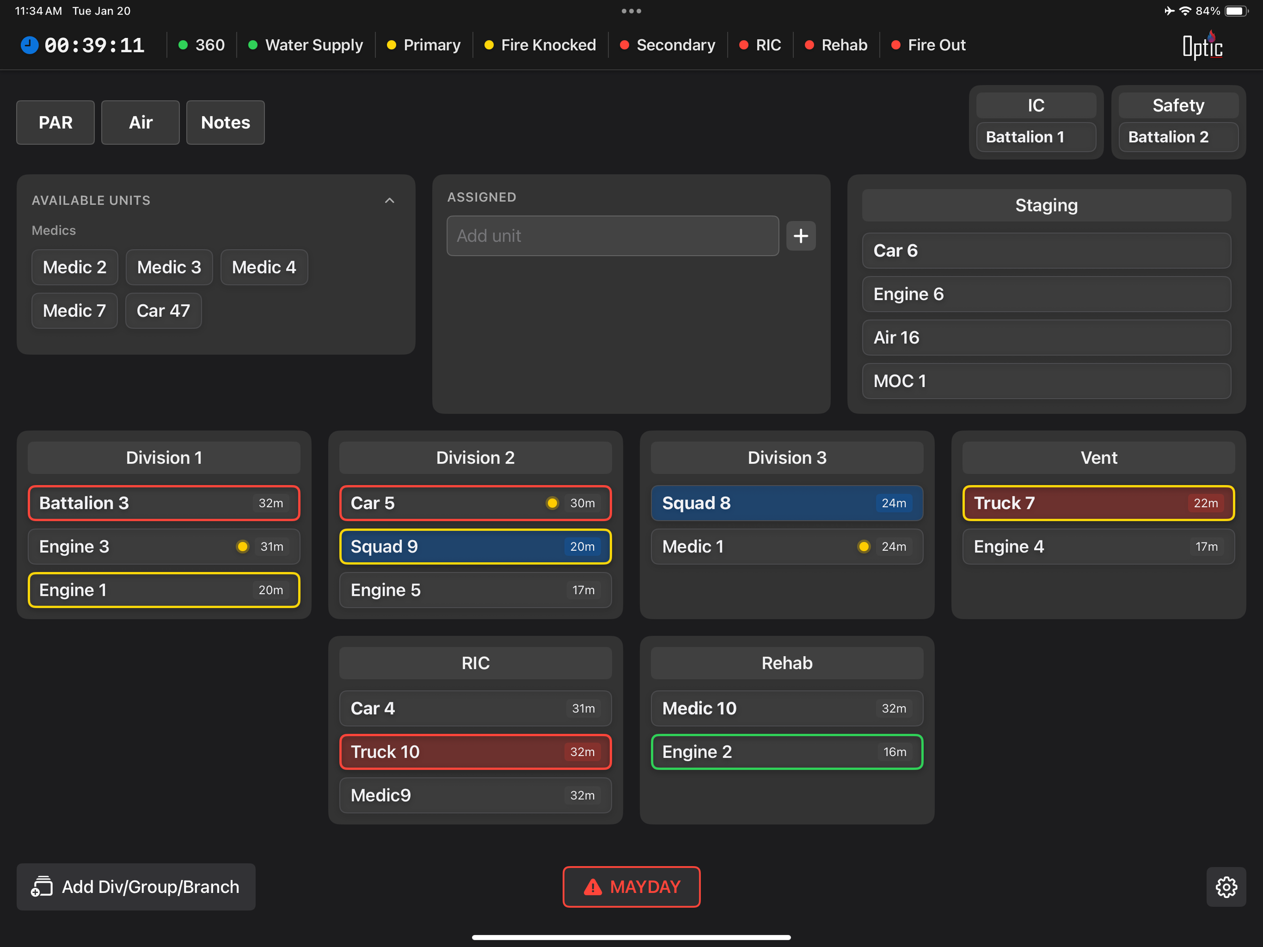 The command board with color-coded unit timers across divisions, vent, RIC, and rehab